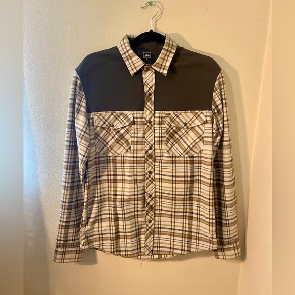 REI Plaid Snap Button Flannel Shirt w Brown Shoulder Contrast - Picture 1 of 7
